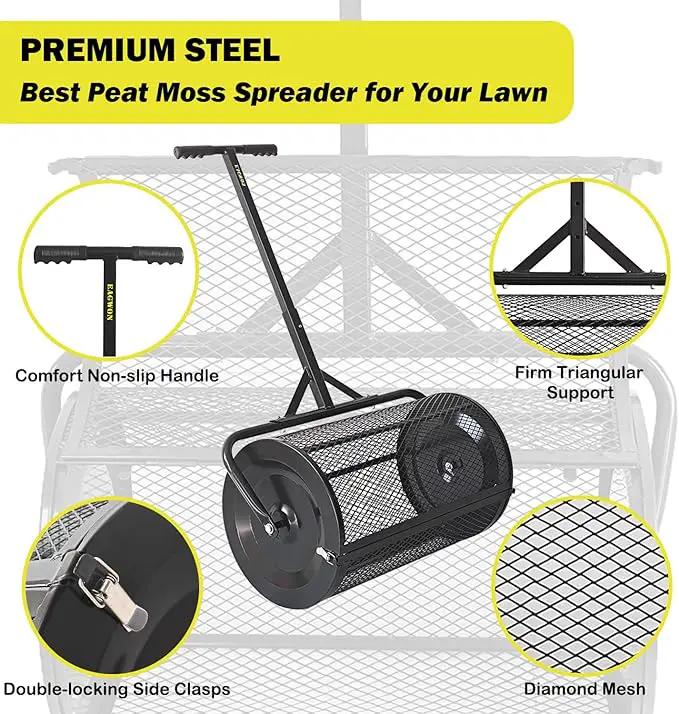 Compost Spreader, 24" Peat Moss Spreader, Roller Lawn Spreader with 3 Heights T Shaped Handle, Side Latches Powder Coated Steel Mesh Basket, Lawn & Garden Spreader for Spreading Manure Topsoil Black by GreenHaven Gardens