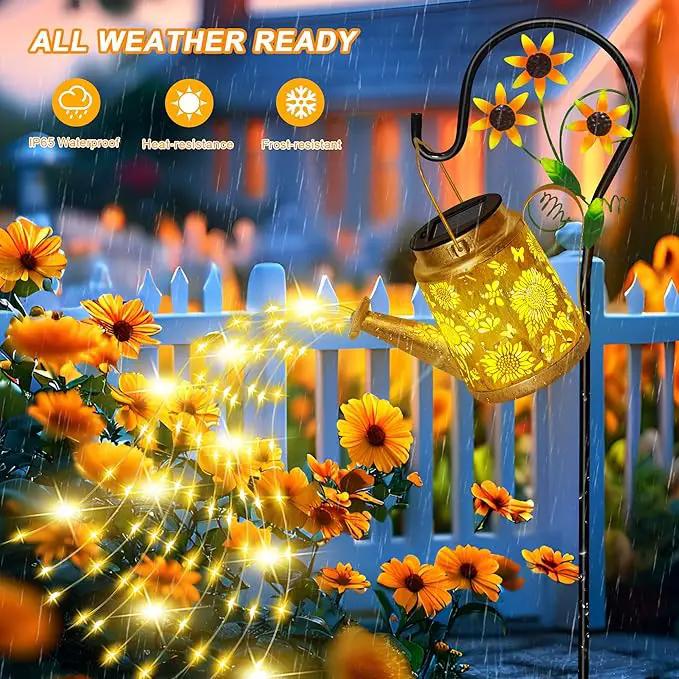 Solar Watering Can Lights Outdoor Garden Decor, Large Sunflower Hanging Lantern with Shepherd Hook, Yellow LED, Gold Finish, Floral Theme, Outdoor Decoration, Parties, Occasions by GreenHaven Gardens