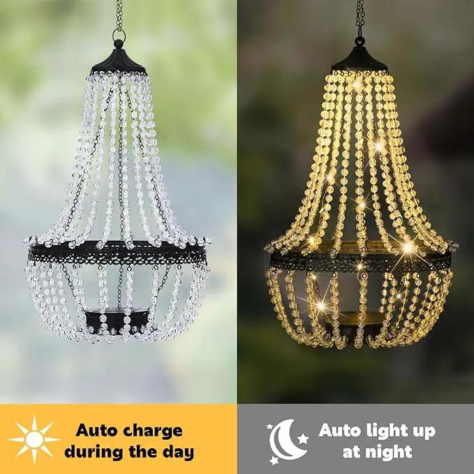 Hanging Solar Chandelier Outdoor, 30 Warm White Lights Acrylic Clear Beaded Chandelier with S Hooks Modern Lantern for Garden Yard Patio Gazebo Decorations, 28”H by GreenHaven Gardens