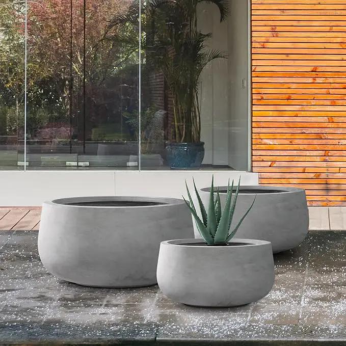 Kante 19.6",15.7",11.8" Dia Round Concrete Planters Set of 3, Outdoor Indoor Garden Plant Pots with Drainage Hole and Rubber Plug, Modern Curvaceous Design, Natural Concrete by GreenHaven Gardens