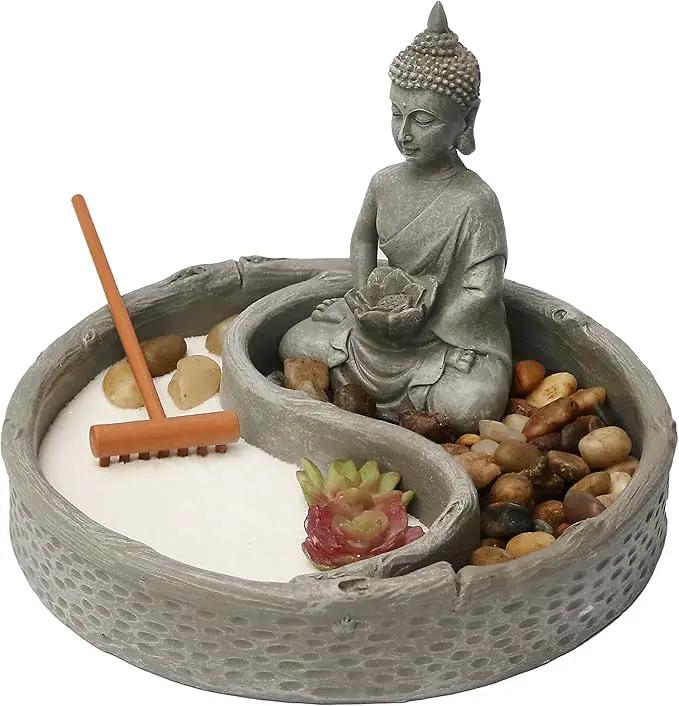Nature's Mark Mini Zen Garden Kit for Desk with Lotus, Buddha Figures, Rake and Natural Sand River Rocks Table/Desk Décor Gift Set for Home and Office 6 x 6 Inches Round Base by GreenHaven Gardens