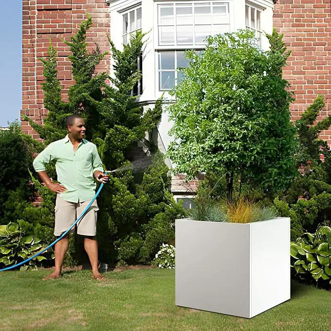 White Steel Planter Square Outdoor Planters Galvanized Steel Planter Box Indoor Metal Large Planters Cube Heavy Duty Flower Pot 26 Inch Modern Commercial Residential for Trees Patio Deck Yard Garden by GreenHaven Gardens