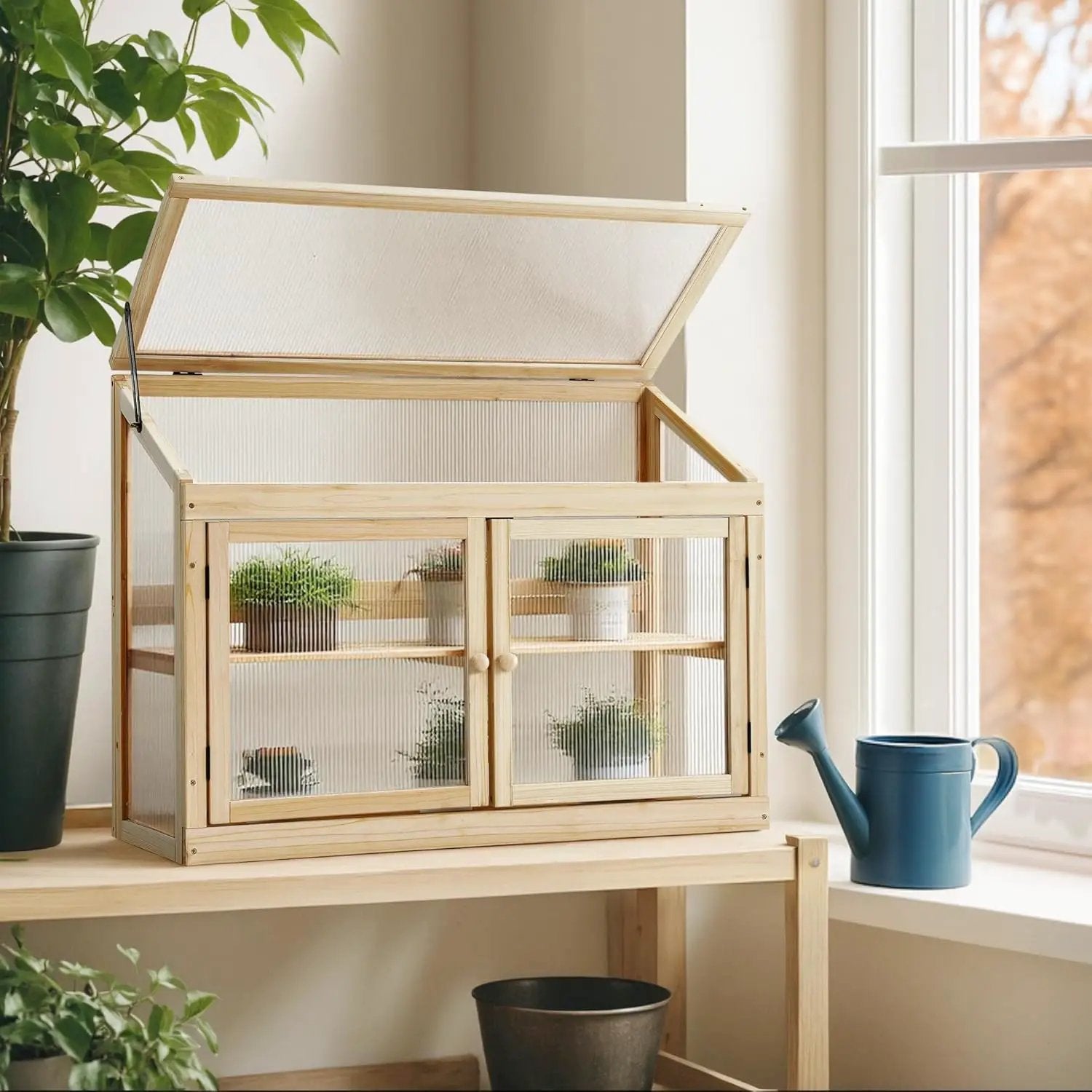 MCombo 2-Tier Wooden Cold Frame Garden Greenhouse Raised Flower Planter Shelf Bed Protection 6057-0160 (Natural) by GreenHaven Gardens