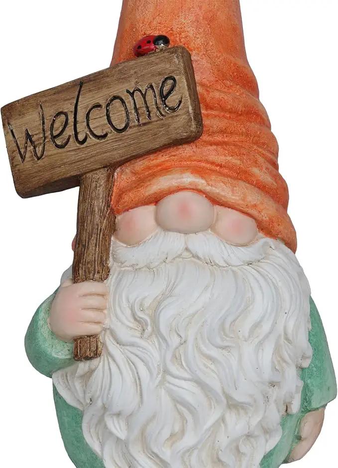 Alpine Corporation MCC848 Indoor/Outdoor Gnome with "Welcome" Sign Garden Statue, Charming Gnome with Hat, 26"H, Orange by GreenHaven Gardens