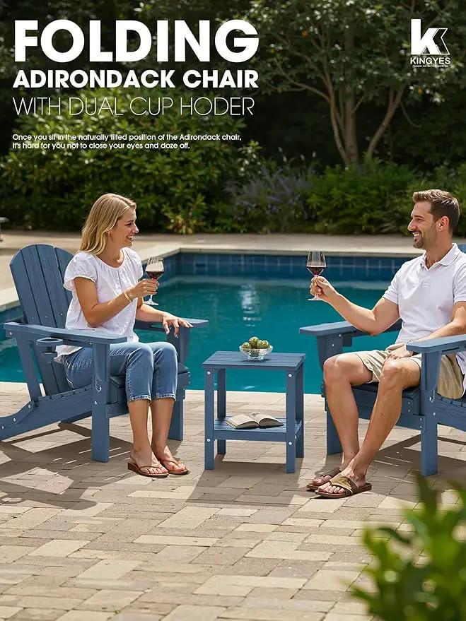 KINGYES Folding Adirondack Chair Set of 4, Dual Cup Holders & All-Weather HDPE, Wood-Like Patio Chair for Backyard, Camping, Pool & Fire Pit, Navy by GreenHaven Gardens