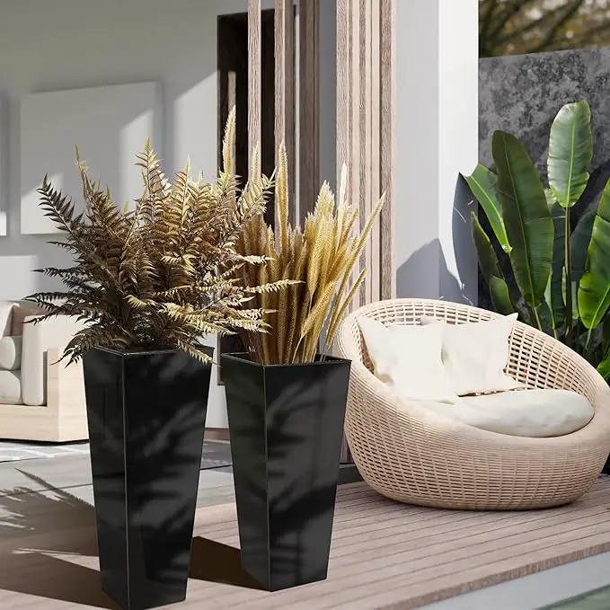 KOL 25'' & 28'' Tall Glazed Planter with Saucer, Set of 2, Galvanized Steel Planter Metal Pots for Indoor & Outdoor Use, Decorative Flower Plant Pots with Drainage Hole for Porch, Patio, Deck - Black by GreenHaven Gardens