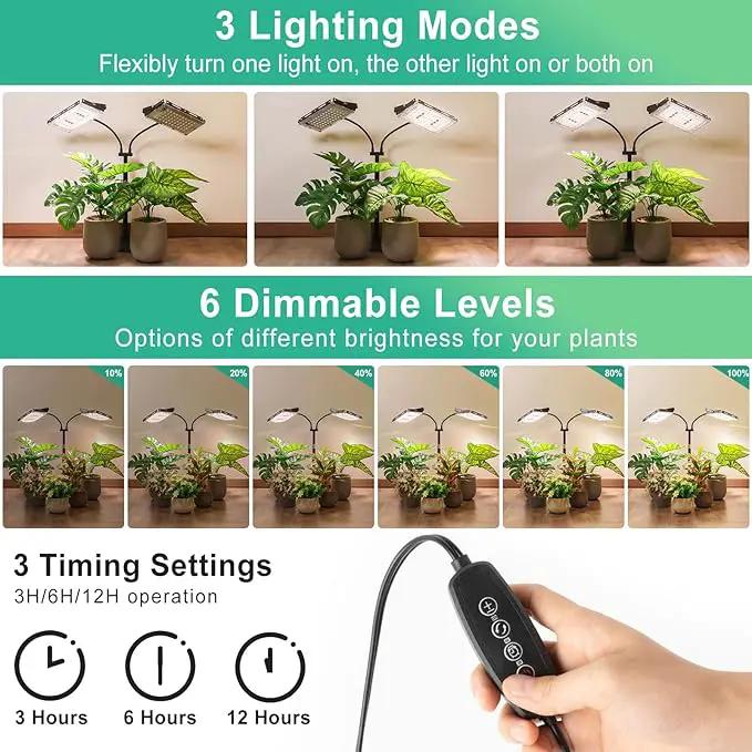 LBW Plant Grow Light, Full Spectrum Dual Heads Desk Plant Light for Indoor Plants, Growing Lamp with 3H/6H/12H Timer, 6-Level Brightness, 3 Lighting Modes, Height Adjustable, Ideal for Indoor Growth by GreenHaven Gardens