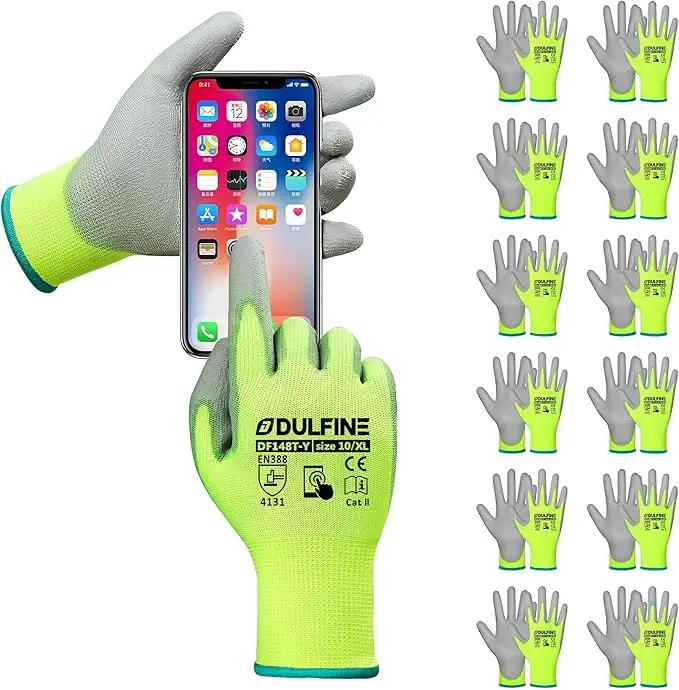DULFINE Safety Work Gloves PU Coated for Men and Women-12 Pairs,Hi-Vis Seamless Knit Glove with Two Fingers Touchscreen,Ideal for General Duty Work (Extra Large) by GreenHaven Gardens