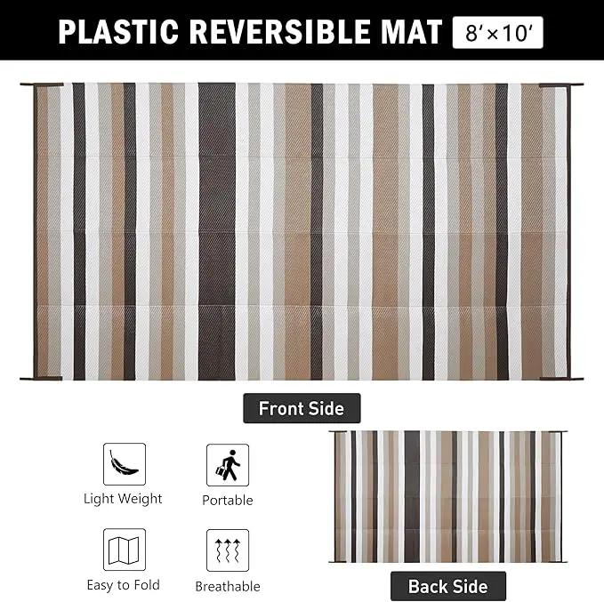 Outdoor Waterproof Rug 8'x10' Plastic Straw Rugs Washable Reversible Floor Mat Brown Stripe Carpet for Camping RV Deck Entryance Porch Picnic Balcony Beach Backyard by GreenHaven Gardens