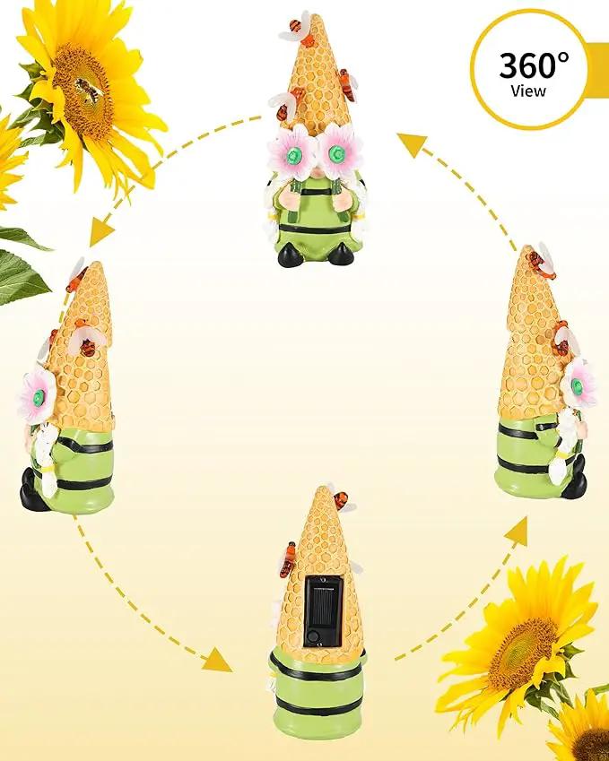 iStatue Solar Garden Gnome Figurine Light with Bees Sunflower, 9.5'' Resin Outdoor Statue for Yard Patio Decor Lawn Ornaments Porch Garden Gifts for Women/Girl (Ms Bee Gnome) by GreenHaven Gardens