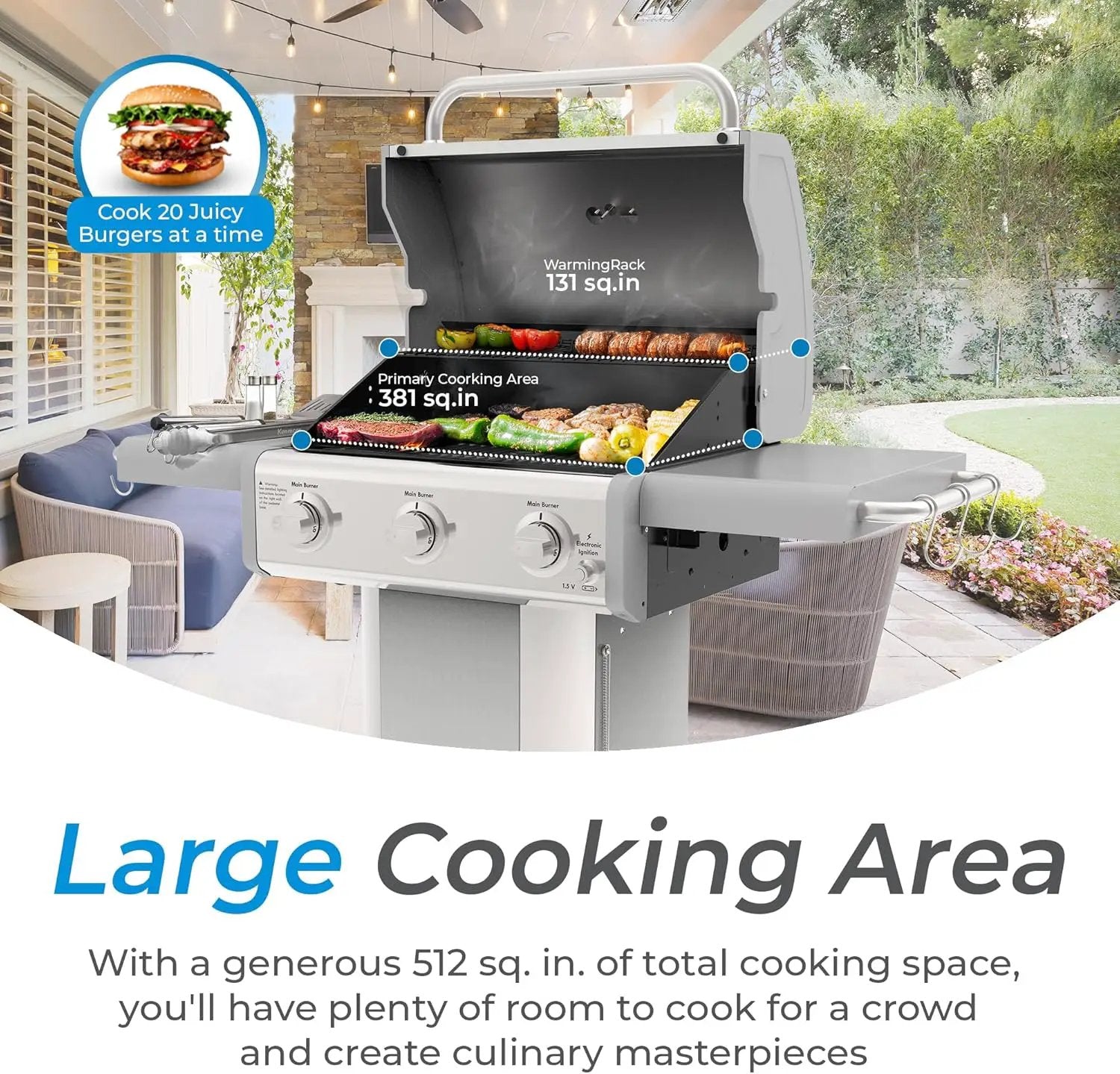 Kenmore 3-Burner Propane BBQ Grill, 30,000 BTUs Gas Grill with Cast Iron Cooking Grates, Folding Side Tables & Wheels, Outdoor Grill with Tool Hooks, Pearl White + Bonus Cover by GreenHaven Gardens