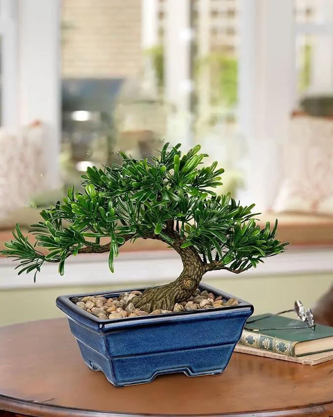 Artificial Bonsai Tree Faux Plants Indoor Small Fake Plants Decor with Blue Ceramic Pots for Home Table Office Desk Bathroom Shelf Bedroom Living Room Farmhouse Decorations by GreenHaven Gardens