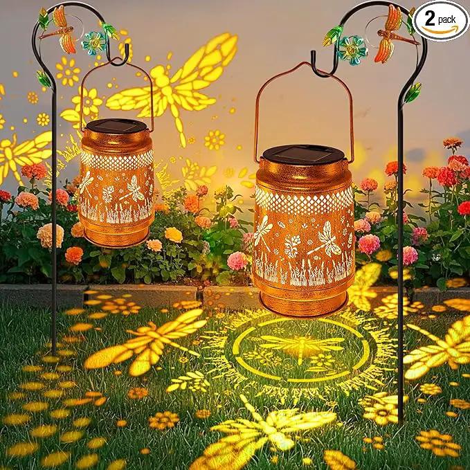 2 Pack Solar Lanterns Outdoor Garden Decor with Shepherd Hook, Gardening Gifts for Mom Grandma Women Dragonfly Metal Decor Lantern Waterproof Solar Lights LED Decorative for Garden Yard Patio by GreenHaven Gardens