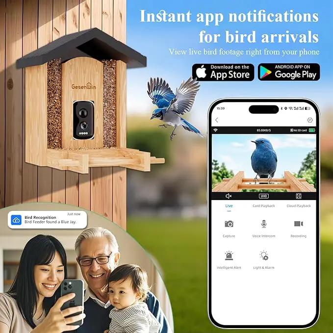 Smart Bird Feeder with Camera for Wild Birds - Identifies 11,000+ Species, Solar Panel Wireless Outdoors Bamboo Birdhouse with Cam, 2K HD Live Video & Instant Alerts - Bird Lover Gifts by GreenHaven Gardens