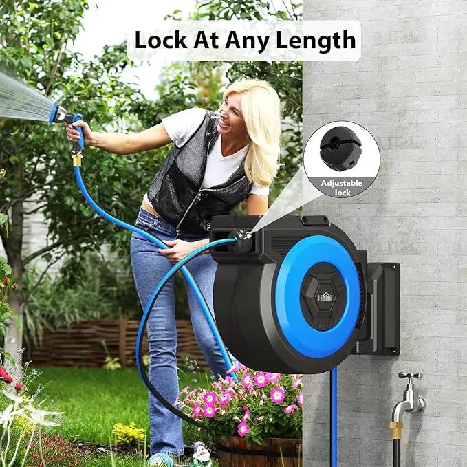 Retractable Garden Hose Reel, 1/2" x 131FT Heavy Duty Automatic Retractable Hose Reel Wall Mount, with 10- Function Sprayer Nozzle, Any Length Lock/Auto Rewind/180°Swivel by GreenHaven Gardens