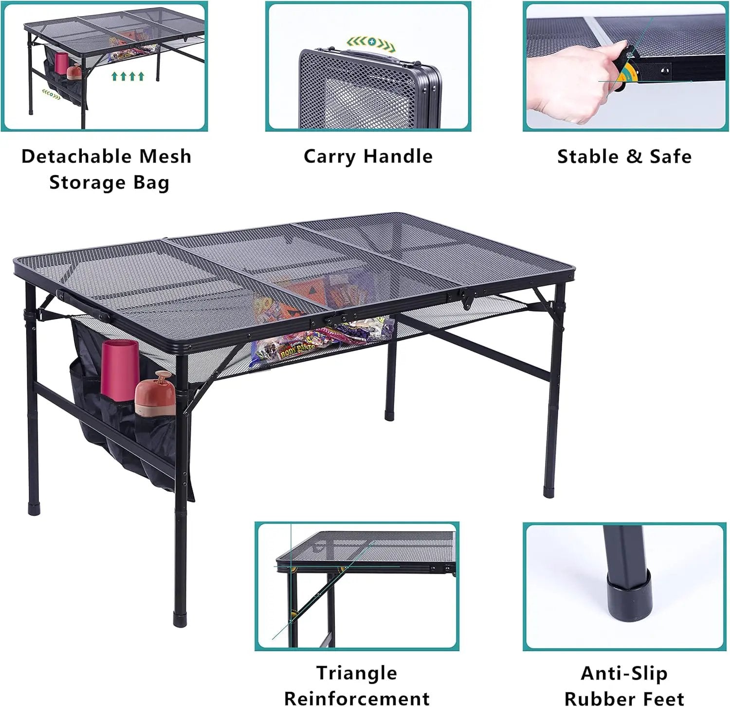 Nice C Table for Grill, Outdoor Table, Camping Cooking Picnic Tables, Card Tables Adjustable Height, Mesh Bag, Carry Handle (47.3” x 23.7“ x 14.7”/24.2“ Black) by GreenHaven Gardens