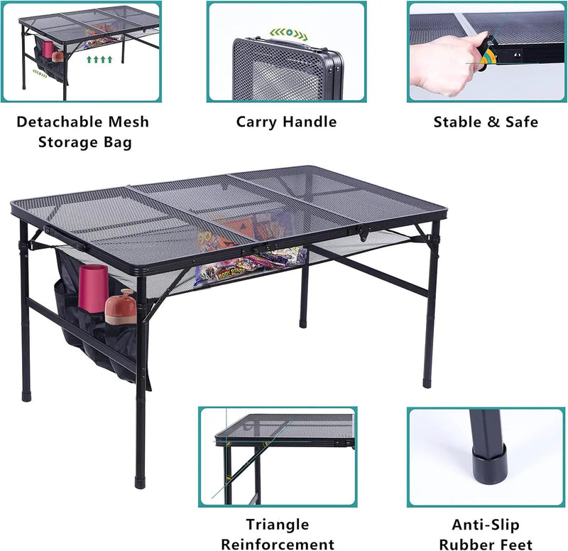 Nice C Table for Grill, Outdoor Table, Camping Cooking Picnic Tables, Card Tables Adjustable Height, Mesh Bag, Carry Handle (47.3” x 23.7“ x 14.7”/24.2“ Black) by GreenHaven Gardens