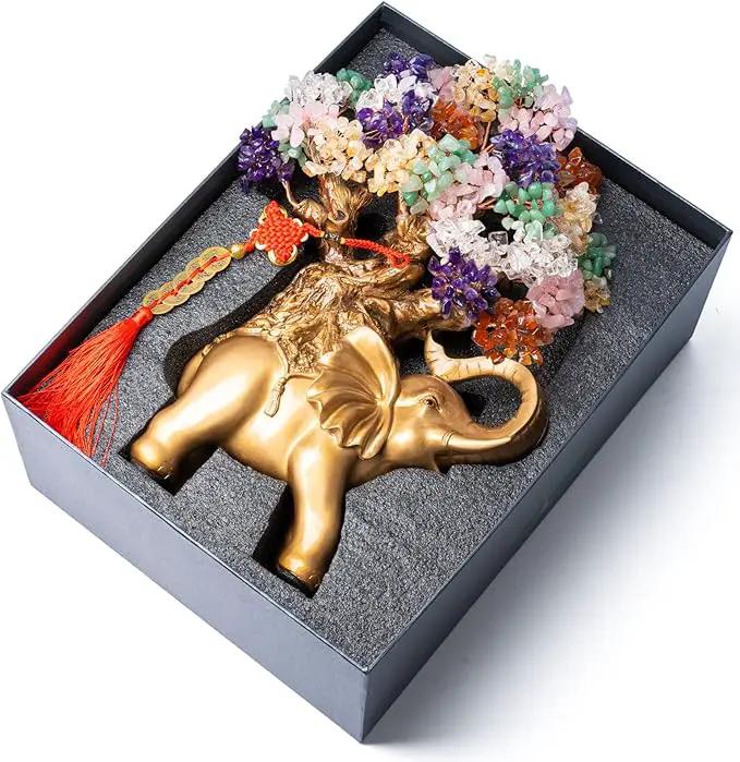 7 Chakra Crystal Money Tree on Gold Elephant Statue, 17”Large Gemstone Bonsai Tree of Life Home Décor Gifts for Wealth Positive Energy, Feng Shui Décor by GreenHaven Gardens