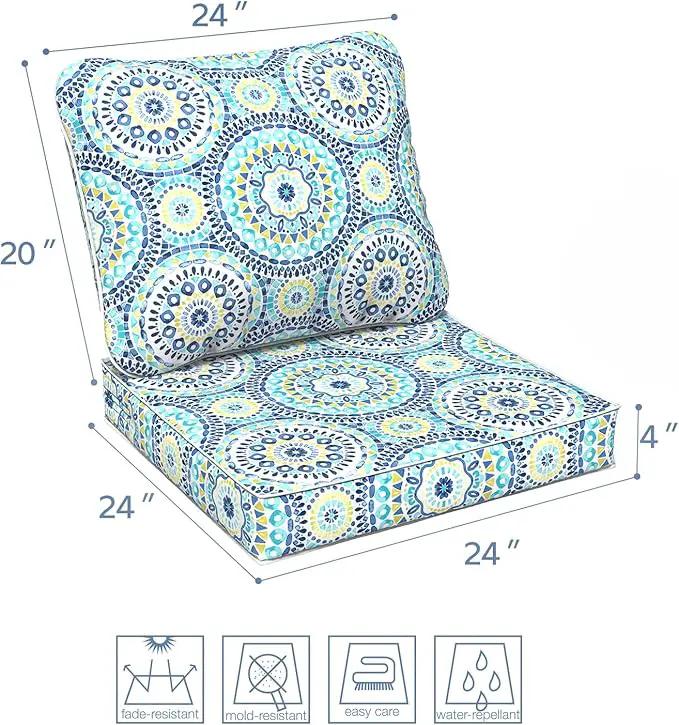 LVTXIII Outdoor Deep Seat Cushion Patio Seat and Back Cushion Set Seasonal Chair Cushion with Removable Cover and Adjustable Buckle for Home and Garden, 24"x24"x4", Delancey Lagoon by GreenHaven Gardens