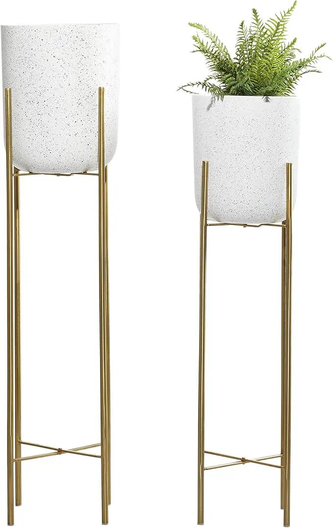 Deco 79 Metal Indoor Outdoor Planter Deep Recessed Dome Speckled Large Planter Pot with Removable Stand, Set of 2 Planters 39", 46"H, White by GreenHaven Gardens