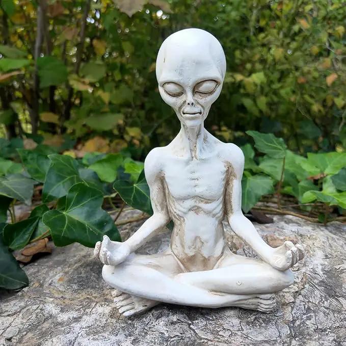 White Alien Statue, Resin Yoga Pose Alien Figure, 6.3" H Creative Yoga Alien Statue of The Thinker for Home Offcie Garden Decor Supplies by GreenHaven Gardens
