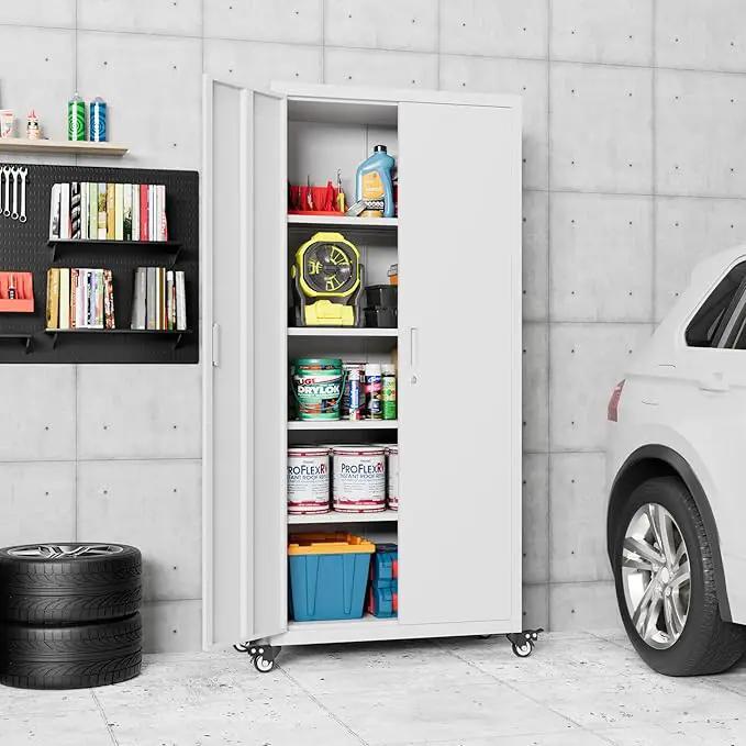 73" H Metal Garage Storage Cabinet with Wheels,Rolling Tool Storage Cabinet with 2 Doors and 4 Adjustable Shelves for Garage,Home,Office,Warehouse,Workshop, Required-Assembly,White by GreenHaven Gardens