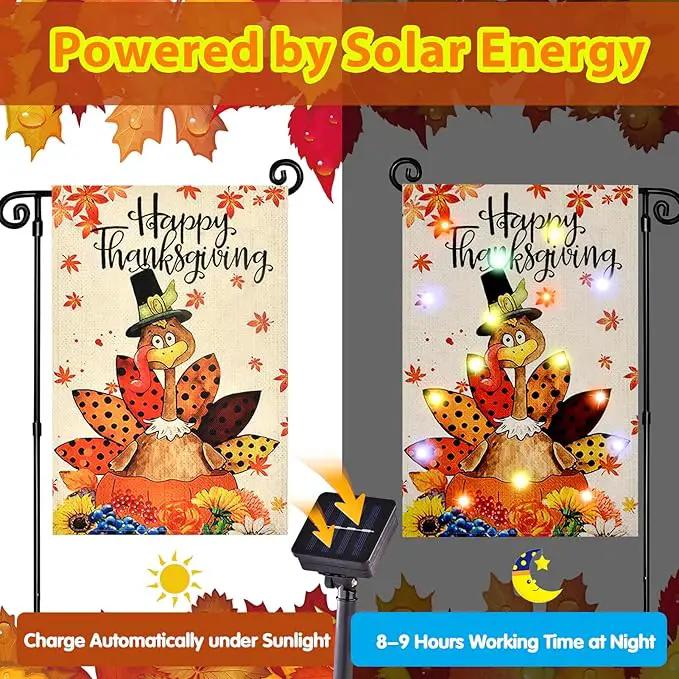 Solar Seasonal Garden Flags Set of 12, Lighted 12×18 Double-Sided Yard Flags for Outside Halloween Christmas Fall Thanksgiving Day Decorations Welcome Flag Outdoor Holiday Decor by GreenHaven Gardens