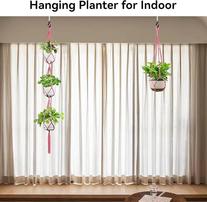 USLAI Macrame Plant Hanger Indoor Outdoor, Up to 4-15 inch Pot, Heavy 20lb Planters, Extra Long Strong Hanging Planter Basket Holder, Boho Home Decor, 35+72 Inch, Pink (POTS NOT Included) by GreenHaven Gardens