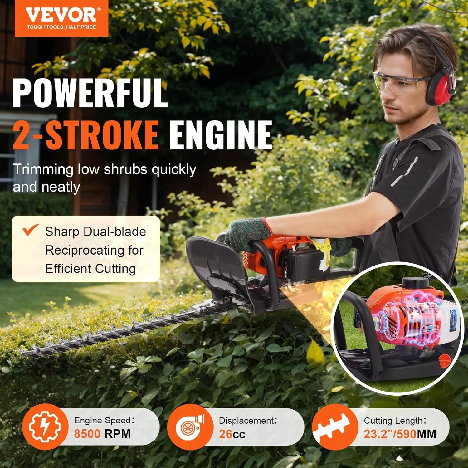 VEVOR Gas Hedge Trimmer 2 Cycle, 23.2-Inch 26cc Dual Sided Blade, Handheld, Lightweight, EPA, CE, EMC Certified, Ideal for Trimming Shrubs and Bushes, Includes Blade Cover, Gloves and Ear Protectors by GreenHaven Gardens