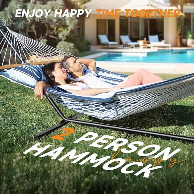 2 Person Outdoor Hammock with Stand, Cotton Rope Hammock with Polyester Pad, Adjustable Steel Frame, Portable with Carrying Bag – for Patio, Backyard, Garden, Beach, Blue Stripe by GreenHaven Gardens
