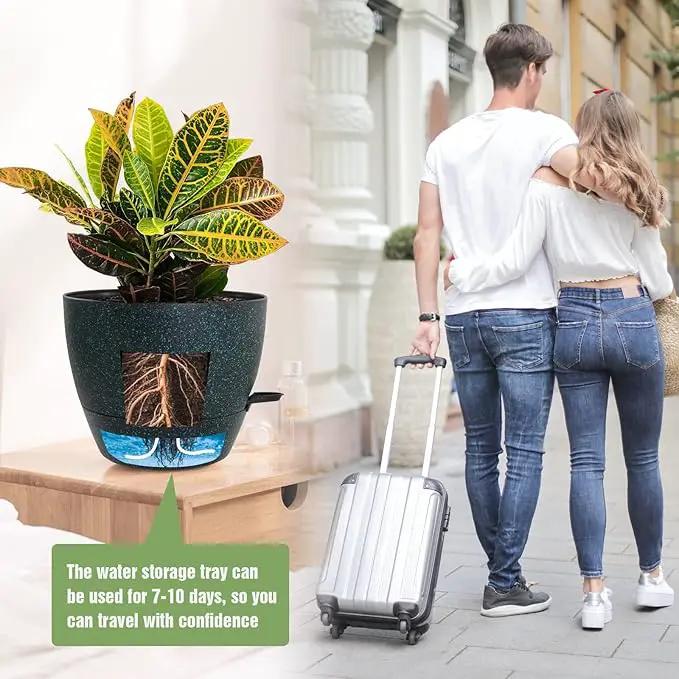 10/9/8 inch Self Watering Pots, Set of 3 Plastic Planters with Mesh Drainage Holes and Deep Reservoir for Indoor Outdoor Garden Plants and Flowers, Black with Green Speckles by GreenHaven Gardens
