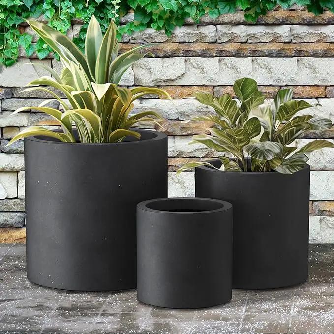 Kante 9.8",12.6",15.7" Dia Round Concrete Planter Set of 3, Modern Style Large Cylindrical Plant Pot with Drainage Hole and Rubber Plug for Indoor Outdoor Patio, Black by GreenHaven Gardens