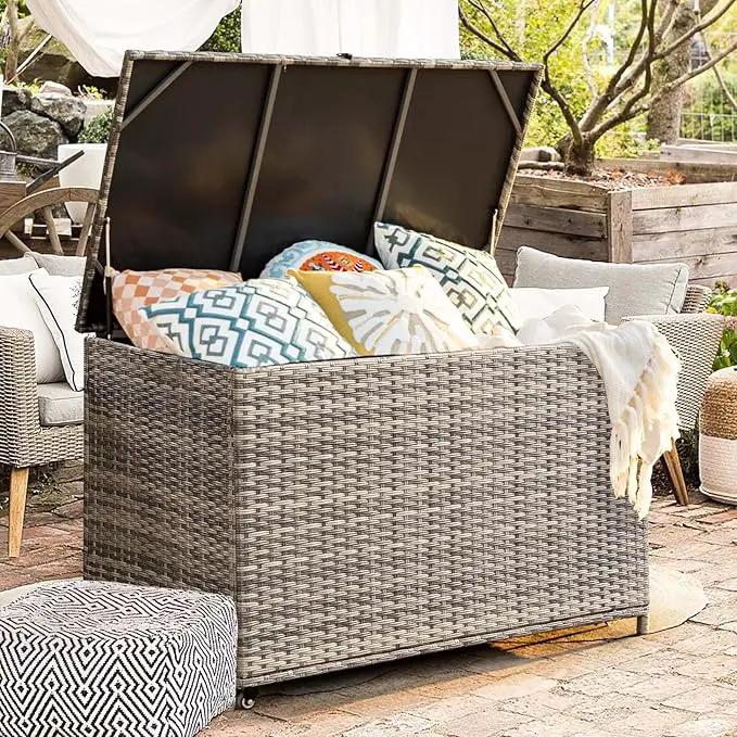 178 Gallon Outdoor Storage Box, Patio Deck Box with 2 Wheels, Handle Large Portable Wicker Rattan Deck Box for Patio Furniture Cushions, Throw Pillows, Garden Tools and Pool Floats (Gray) by GreenHaven Gardens
