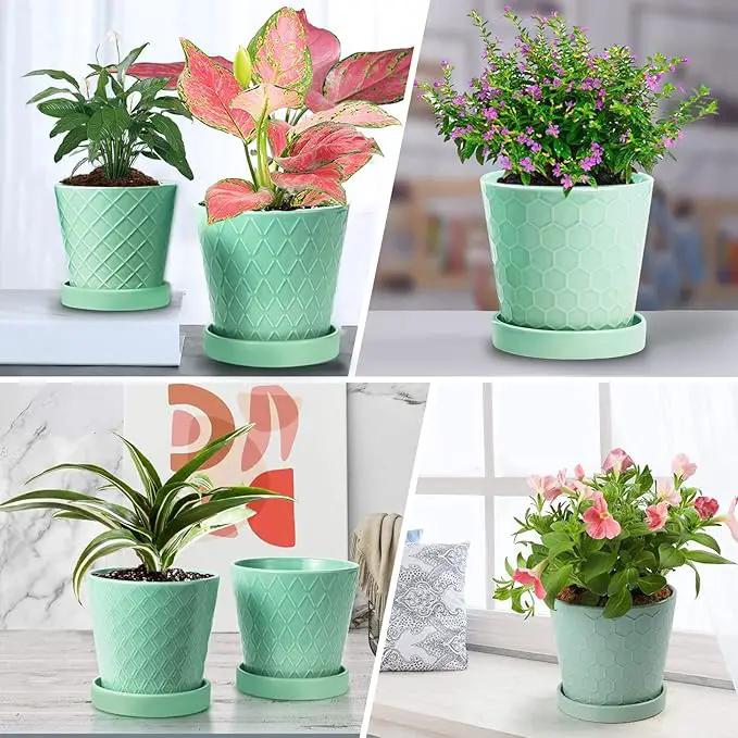 EFISPSS Flower Planter –5 inch Ceramic Plant Pots with Drainage Holes and Ceramic Tray - Gardening Home Desktop Office Windowsill Decoration Gift Set of 4 - Plants NOT Included by GreenHaven Gardens