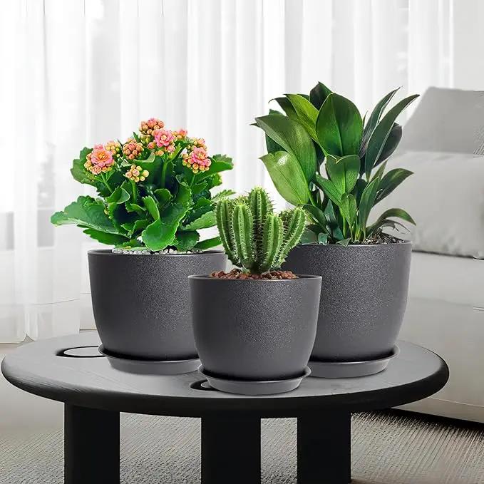10/9/8 inch Medium Plant Pots, 3 Pack Modern Decorative Plastic Planters with Drainage Holes and Saucers, Flower Pots for Indoor Outdoor Plants, Black by GreenHaven Gardens