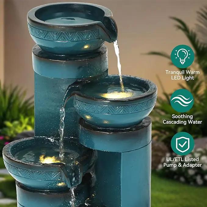 Autodaya 19.3" H Pedestal Outdoor Water Fountain with LED Lights and Pump, 4-Tier Cascading Water Feature, Tranuil Waterfall for Relaxing Garden, Patio, Yard, or Porch, Turquoise, Faux Ceramic Finish by GreenHaven Gardens