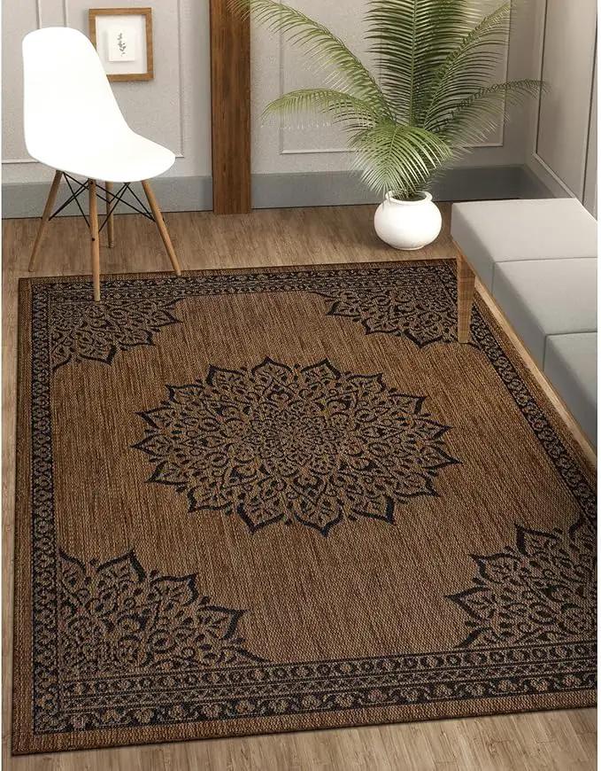 CAMILSON Outdoor Rug, 5x7 Medallion Nut Brown Black Modern Area Rugs for Indoor and Outdoor Patios, Kitchen and Hallway Mats, Washable Porch Deck Outside Carpet (Medallion Nut Brown Black, 5 x 7) by GreenHaven Gardens