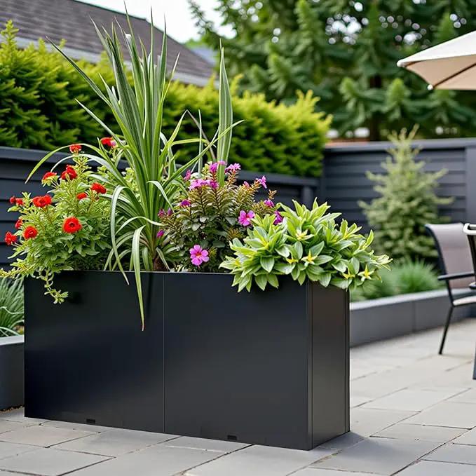 KOL Galvanized Steel Planter Box, with Insert Tray Drainage Holes, Rectangular Black Powder Coated Metal Planter, Outdoor Use, Heavy Duty Modern Flower Pot (Black, 36" H x 11" W x 32" L) by GreenHaven Gardens