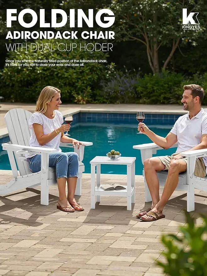 KINGYES Folding Adirondack Chair Set of 8, Dual Cup Holders & All-Weather HDPE, Wood-Like Patio Chair for Backyard, Camping, Pool & Fire Pit, White by GreenHaven Gardens