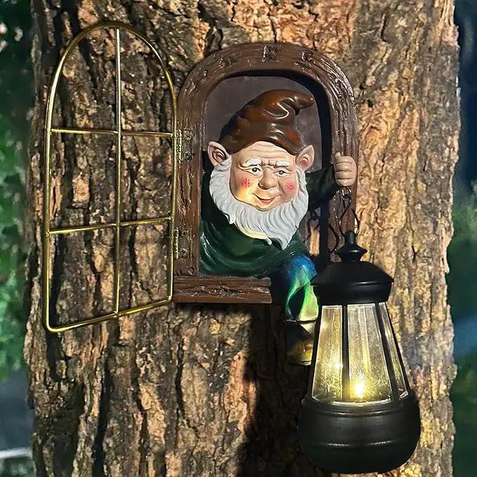Fairy Garden Statues Gnomes Solar Lantern - Whimsical Elf Out The Door Tree Hugger Figurines Fence Wall Yard Art Home Decor Outdoor Tree Face Sculpture, Ideal Birthday Housewarming Decorations Gifts by GreenHaven Gardens