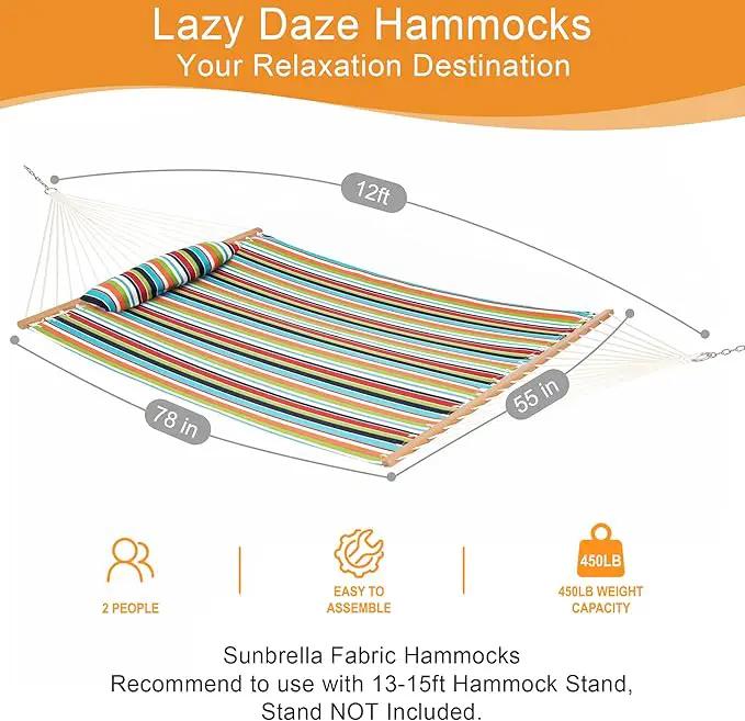 Lazy Daze 12 FT Sunbrella Fabric Hammock with Spreader Bars and Free Pillow Fits for Two Persons, All Weather and Fade Resistant for Patio Yard, 450 lbs Weight Capacity, Carousel Confetti by GreenHaven Gardens