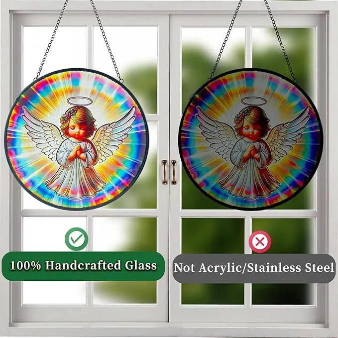 Praying Angel Decor Handmade Stained Glass Suncatcher - Rainbow Maker Stained Glass Suncatchers W/Metal Chain - Spiritual Angelic Gift for Women Christmas Thanksgiving Housewarming Gifts by GreenHaven Gardens