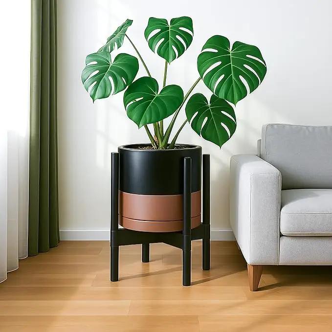 D'vine Dev Ceramic Planter with Ebony Stand - 12 Inch Modern Round Flower Pot with Wood Planter Holder, Black/Speckled Tan, 55-B-H-7 by GreenHaven Gardens