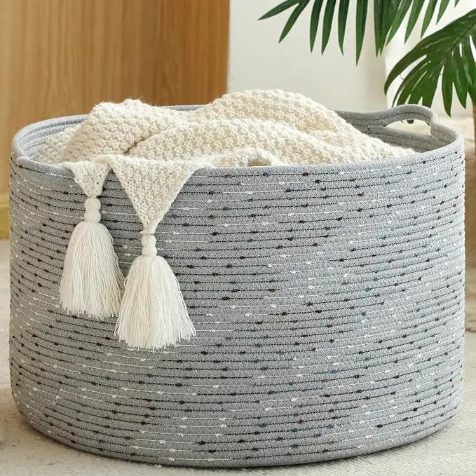 KAKAMAY Large Blanket Basket (20"x13"),Woven Baskets for storage Baby Laundry Hamper, Cotton Rope Blanket Basket for Living Room, Laundry, Nursery, Pillows, Grey with Blue & Brown Dotted by GreenHaven Gardens