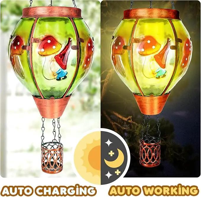 2 Pack Solar Hot Air Balloon Lantern with Flame，Mushroom Gnome Glass Solar Hanging Lanterns Outdoor for Outside Garden Patio Tree Porch Yard, Mushroom Gifts for Women Grandma Mom - Mushroom by GreenHaven Gardens