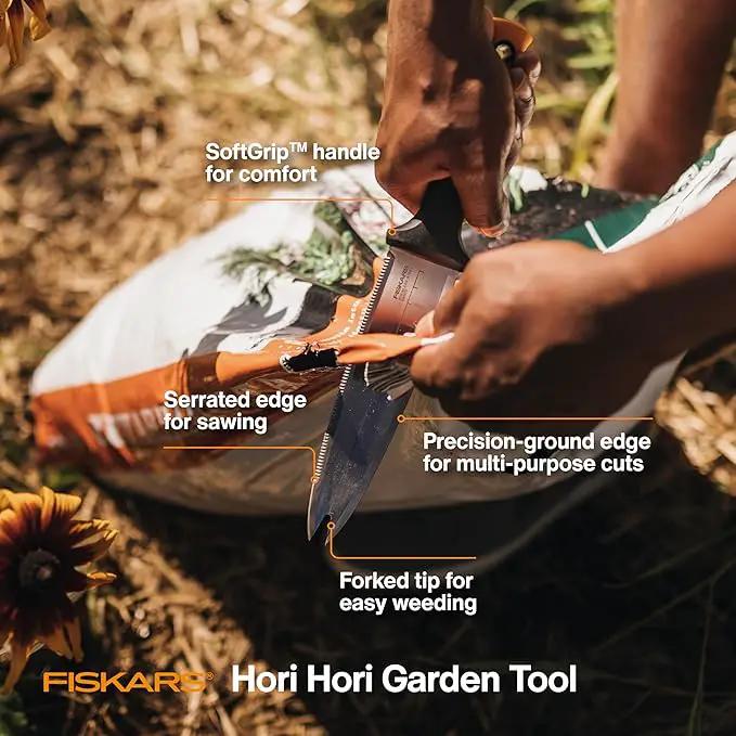 Fiskars Hori Hori Garden Knife with Sheath, Multi-Purpose Heavy Duty Gardening Hand Tool for Weeding, Planting, Digging with Hanging Hole by GreenHaven Gardens