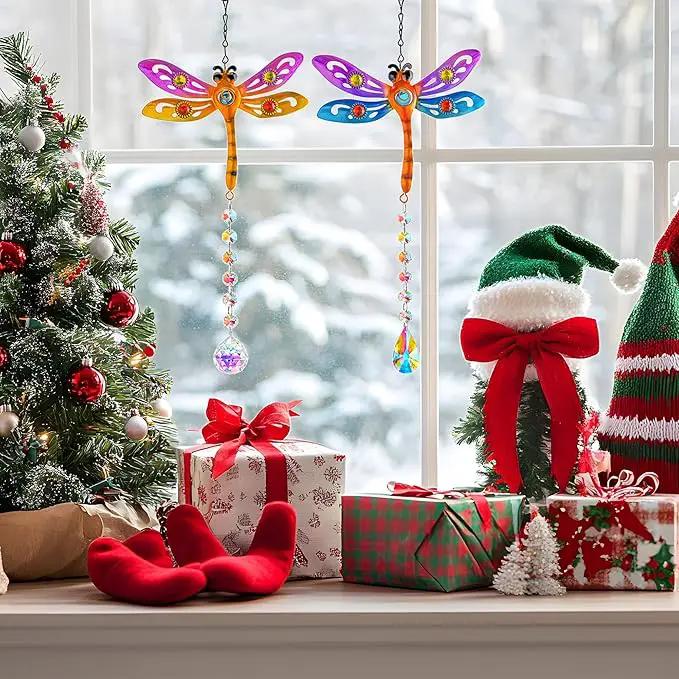 Crystal Dragonfly Suncatchers for Christmas, 2 Pack Dragonfly Sun Catcher for Windows Hanging, Stained Glass Dragonfly Ornament for Outdoor Home Decor by GreenHaven Gardens