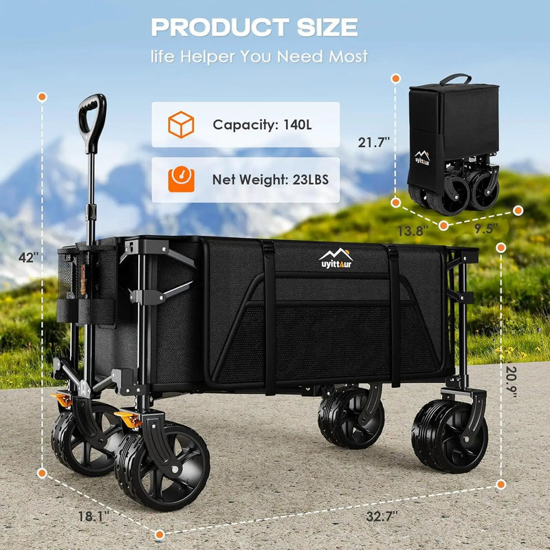 Collapsible Wagon Cart Heavy Duty Foldable, Folding Beach Wagon with Big Wheels for Sand, Utility Grocery Cart with Side Pocket and Brakes for Camping Sports Outdoor Activities, Black by GreenHaven Gardens