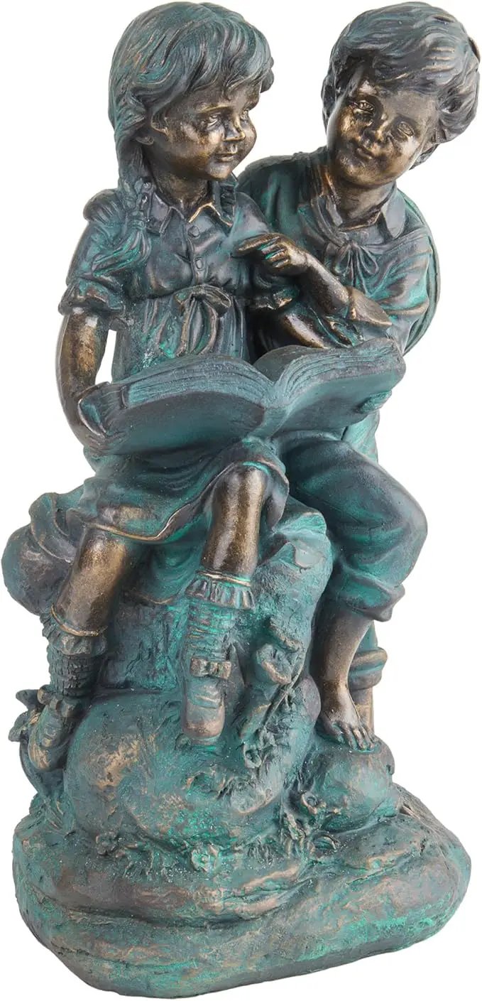Alpine Corporation 15" Tall Indoor/Outdoor Girl and Boy Reading Together Statue Yard Art Decoration
