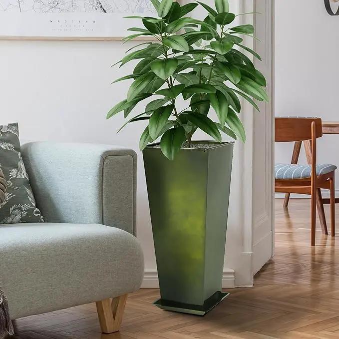 KOL Galvanized Steel Planter 25''H. with Saucer, Bright Glazed Planter with Drainage Hole, Set of 2, Tall Pots for Indoor & Outdoor Use, Decorative Flower Plant Pots for Porch, Patio, Deck - Green by GreenHaven Gardens